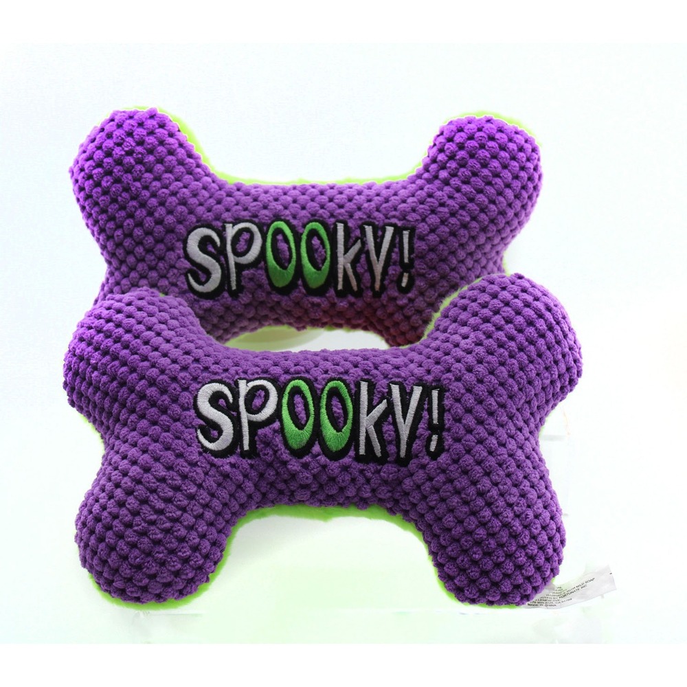 Halloween Spooky Bone Dog Toy Set Purple Green Textured Plush Squeaky 2 Pack